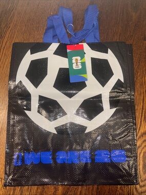 FIFA Tote Bag with Soccer Graphic and Blue Handles